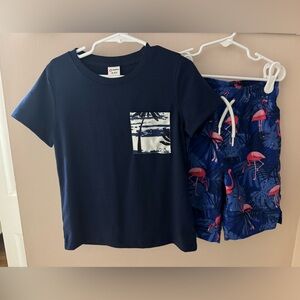The Children's Place Navy and Pink Flamingo Swim Trunks + Tee shirt- Boys 5/6